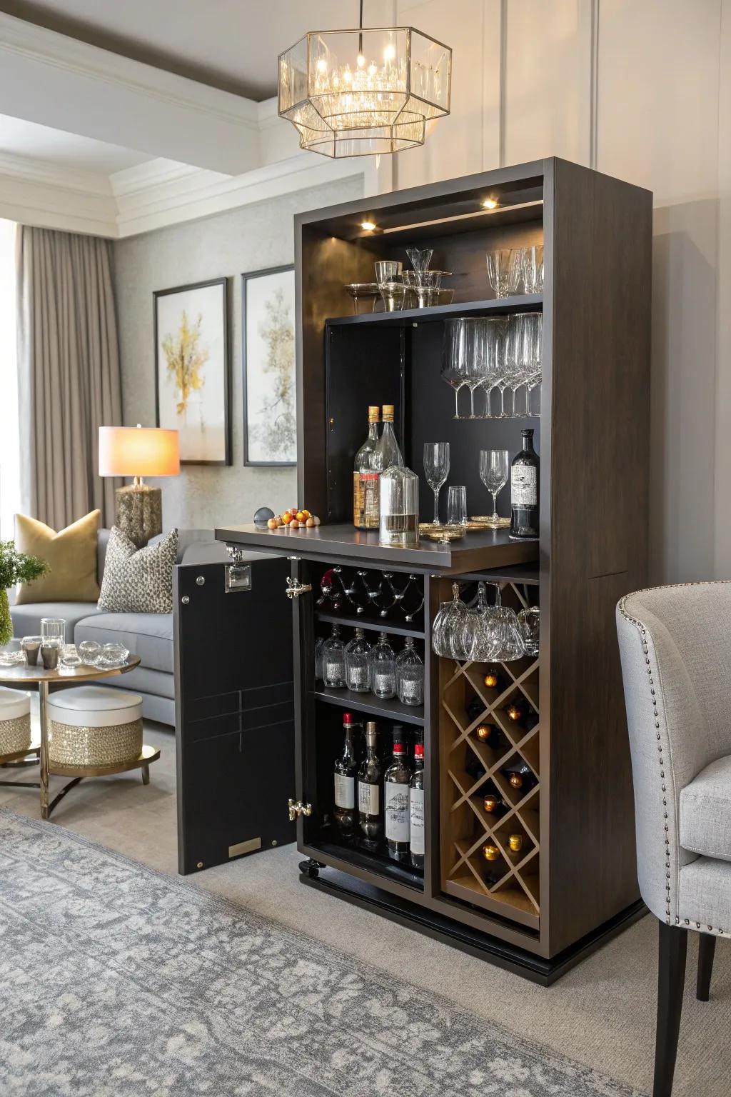 A chic small home bar using cube storage for stylish entertainment.