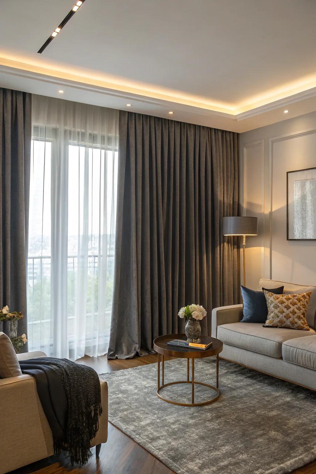 Room darkening curtains assure privacy and control over light.