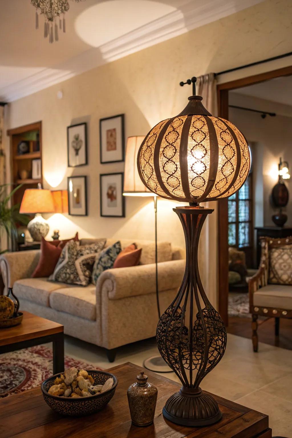 Striking lighting adds drama to the living room.