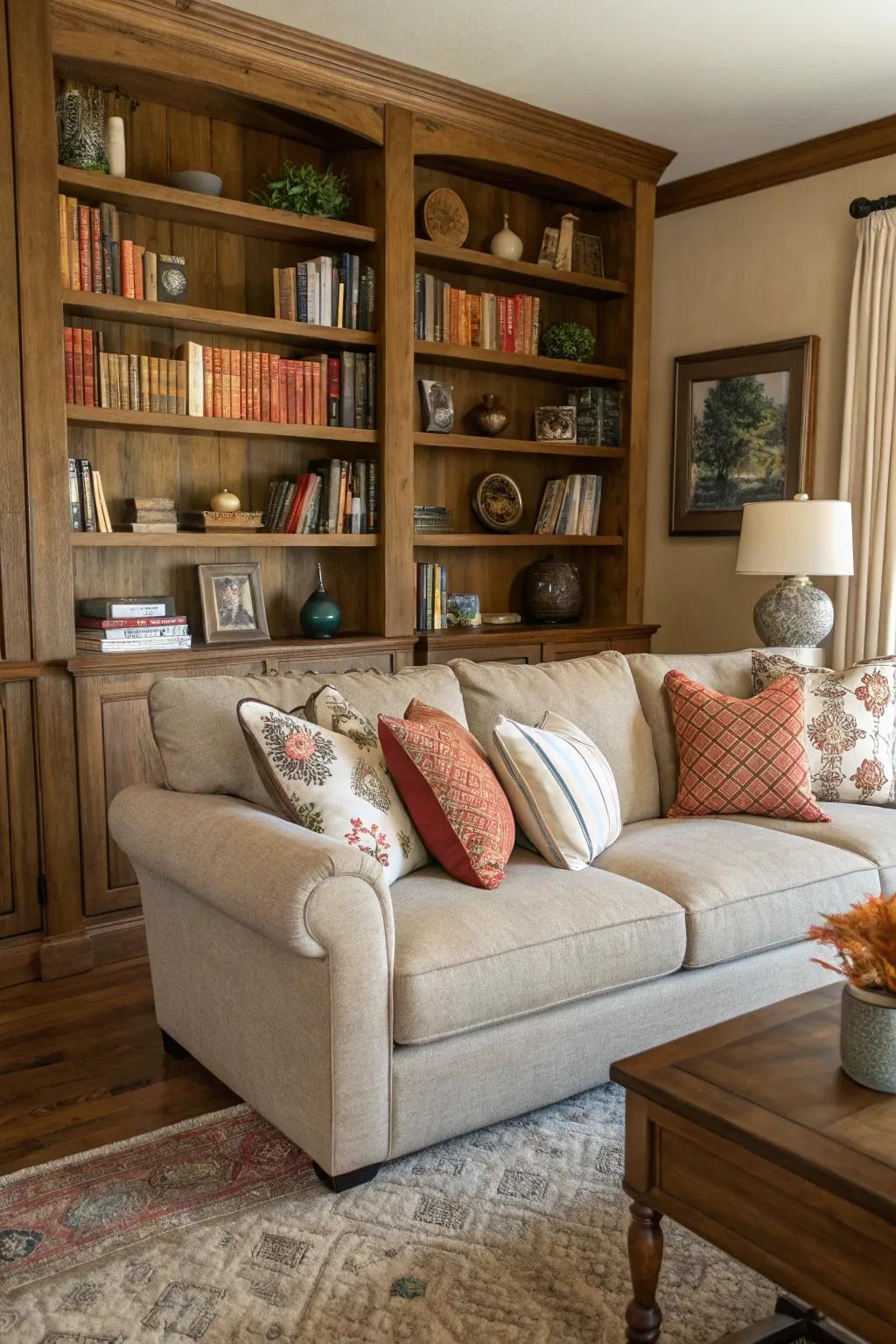 A bookcase behind the sectional adds function and charm.