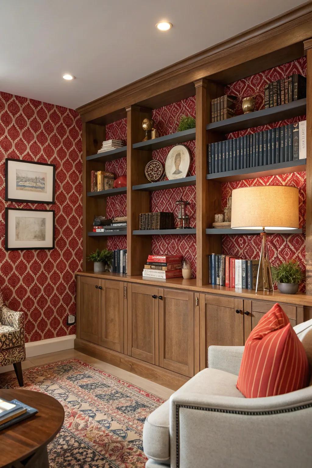 Wall coverings enrich shelves with flair and interest.