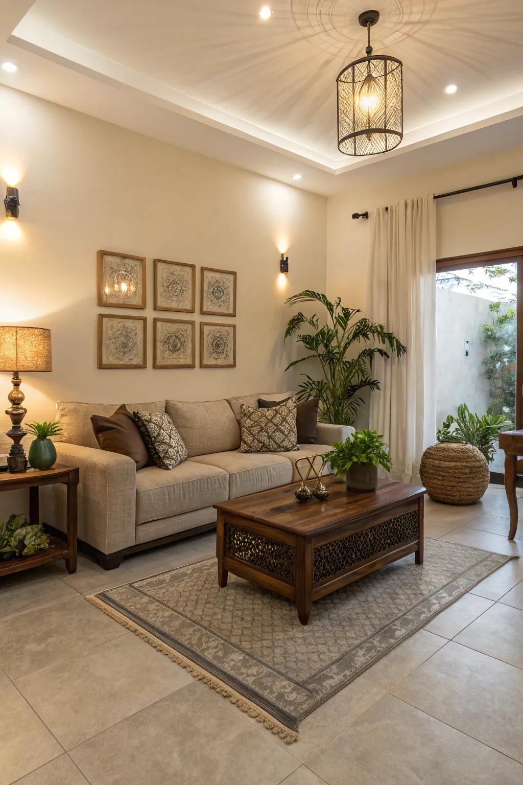 Harmonious living area with unified tile integration.