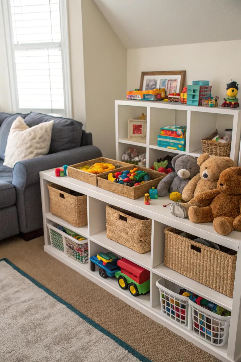 Using corners for toy storage opens up living areas.
