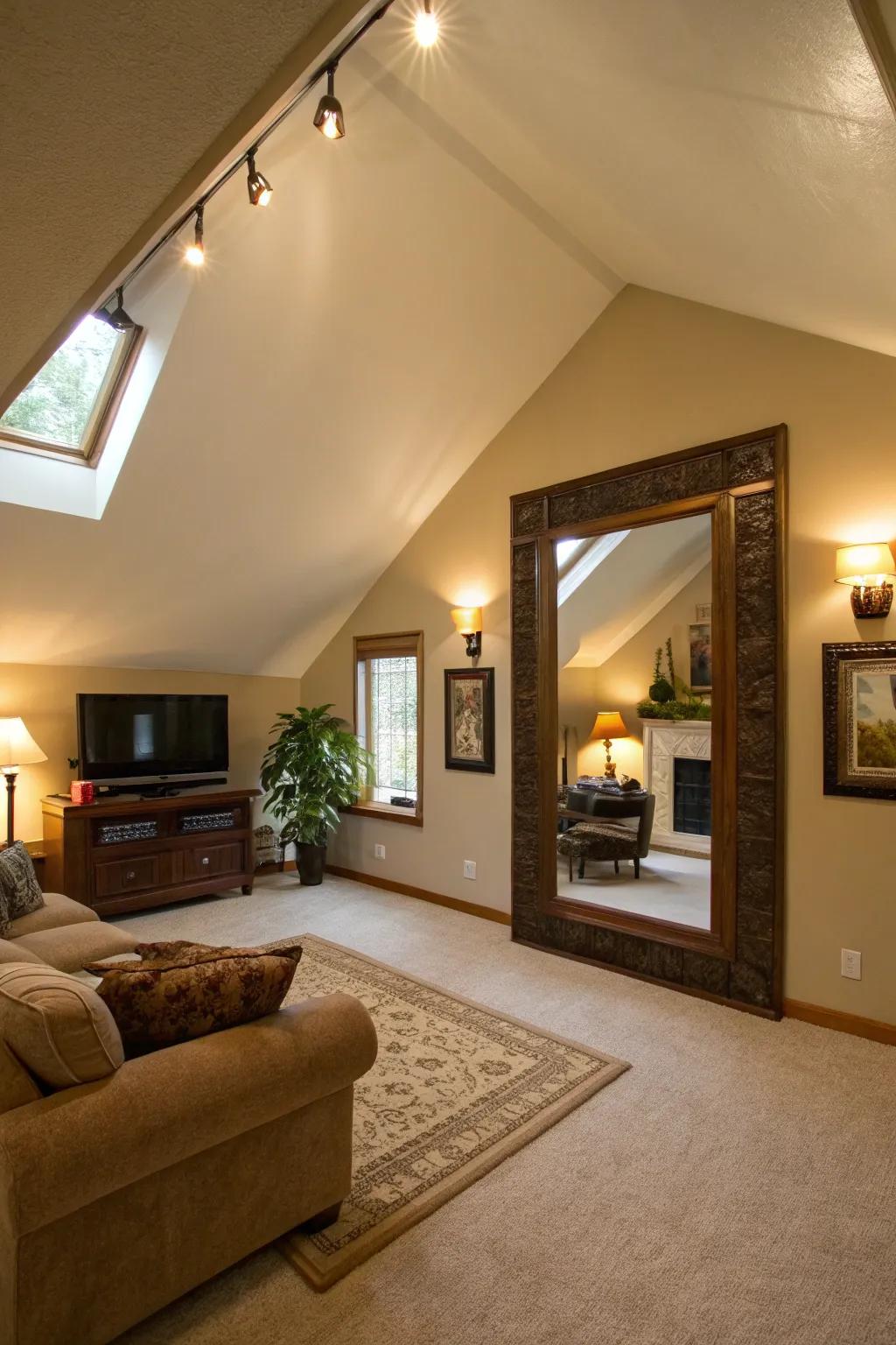 Mirrors enhance light and space in a room with a high ceiling.