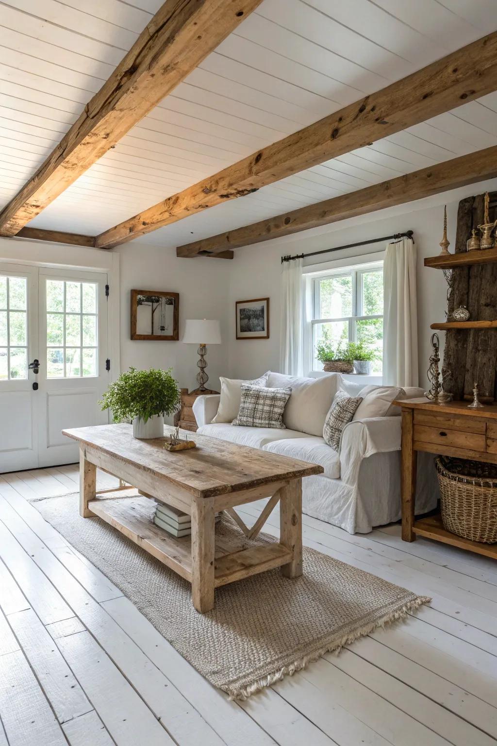 Country touches provide a cozy contrast to sleek bright hardwood floors.