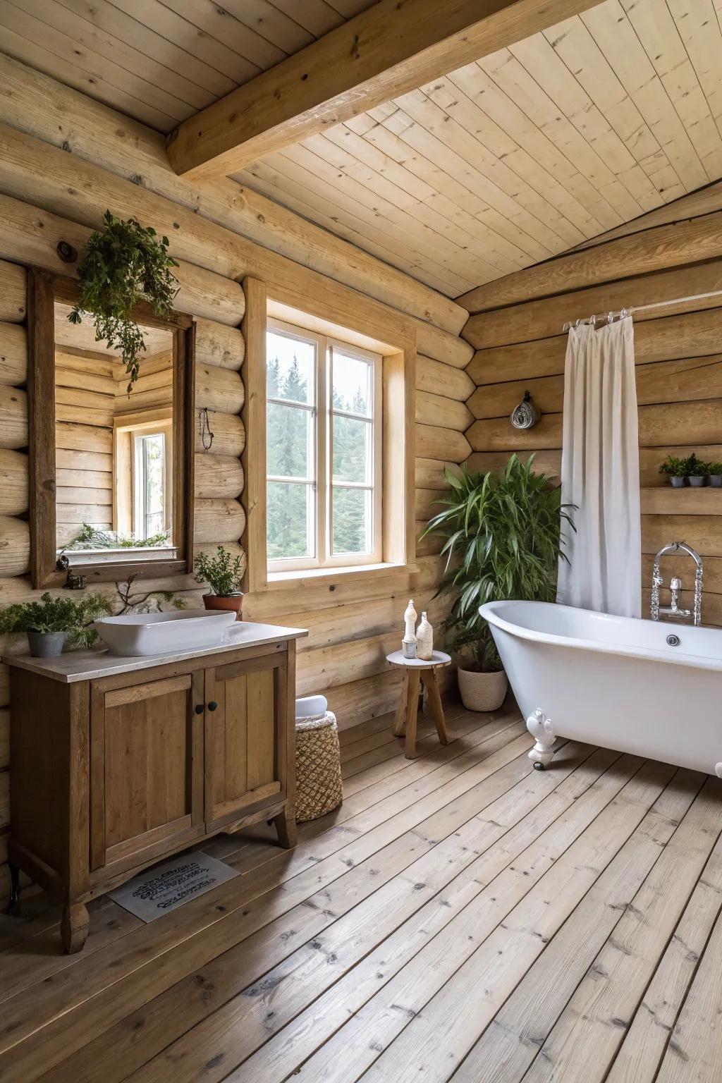 A minimalist log cabin bathroom with a clean and spacious feel.