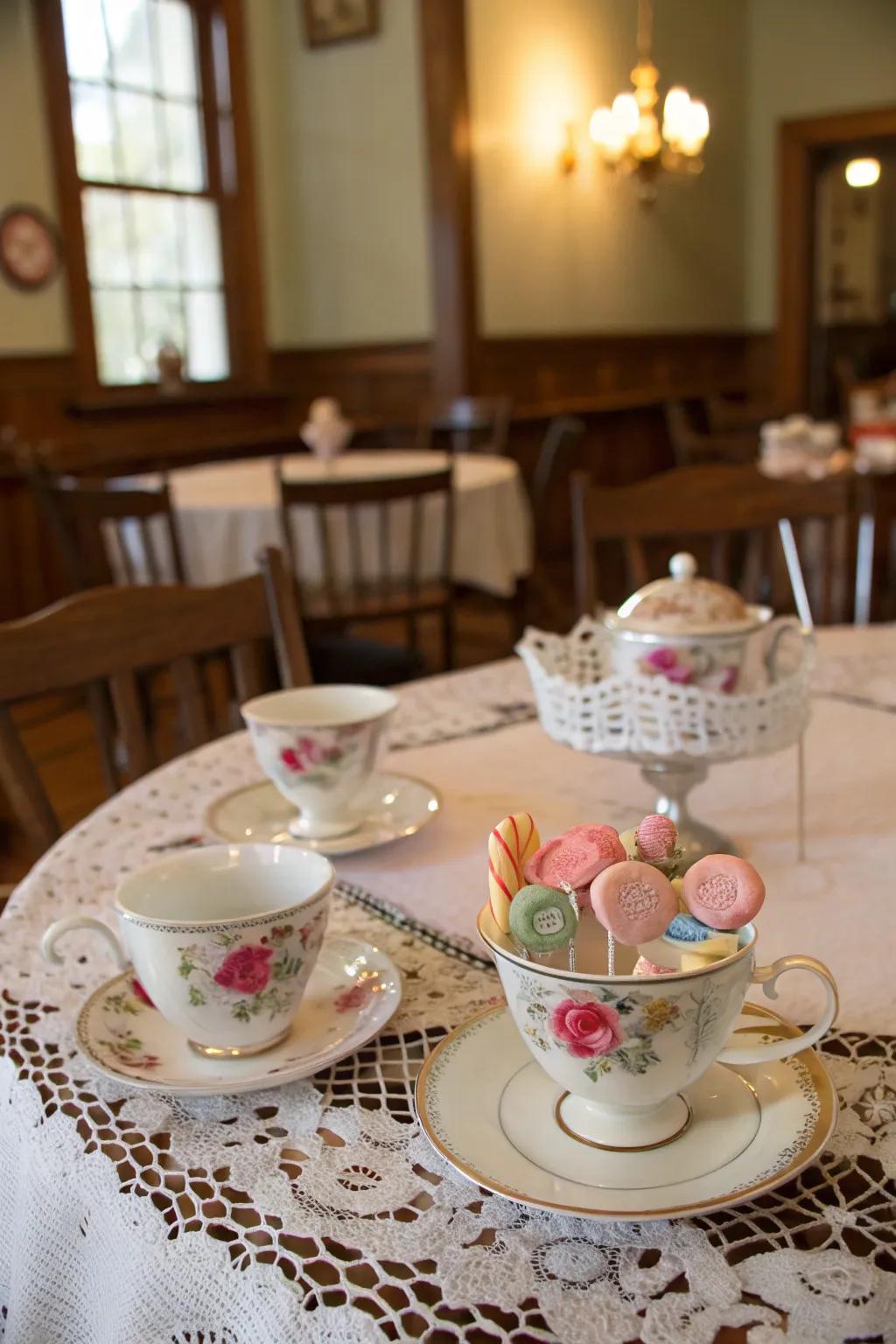 Classic teacups lend a hint of elegance to lollipop displays.
