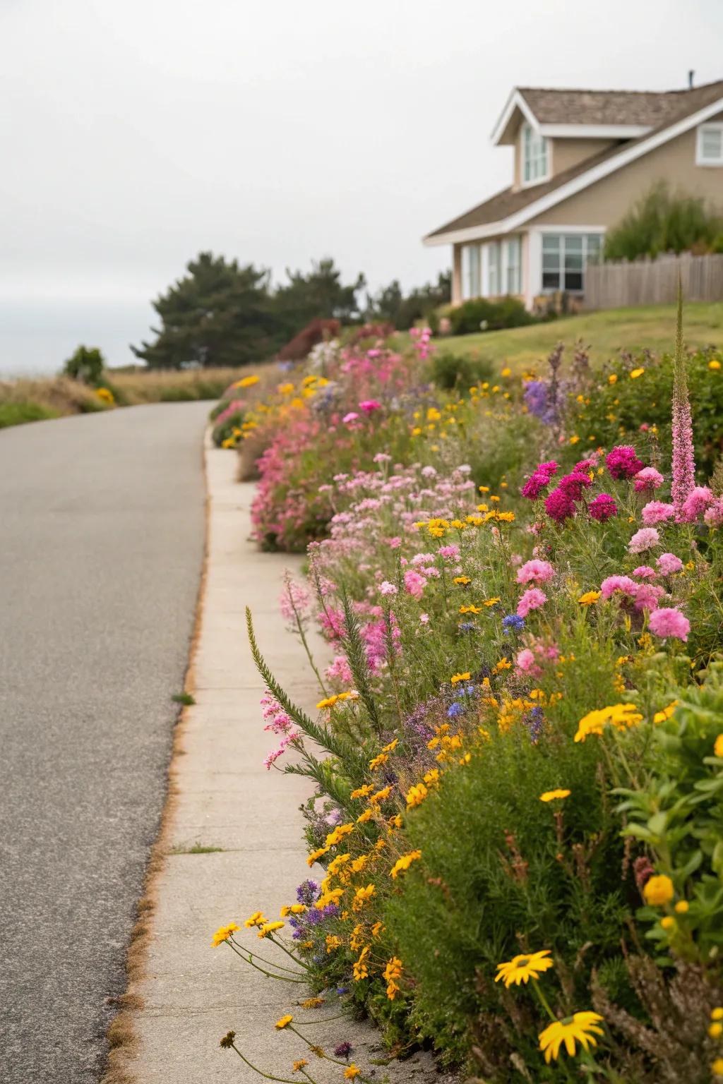 Wildflowers add a natural, rustic charm to the driveway.