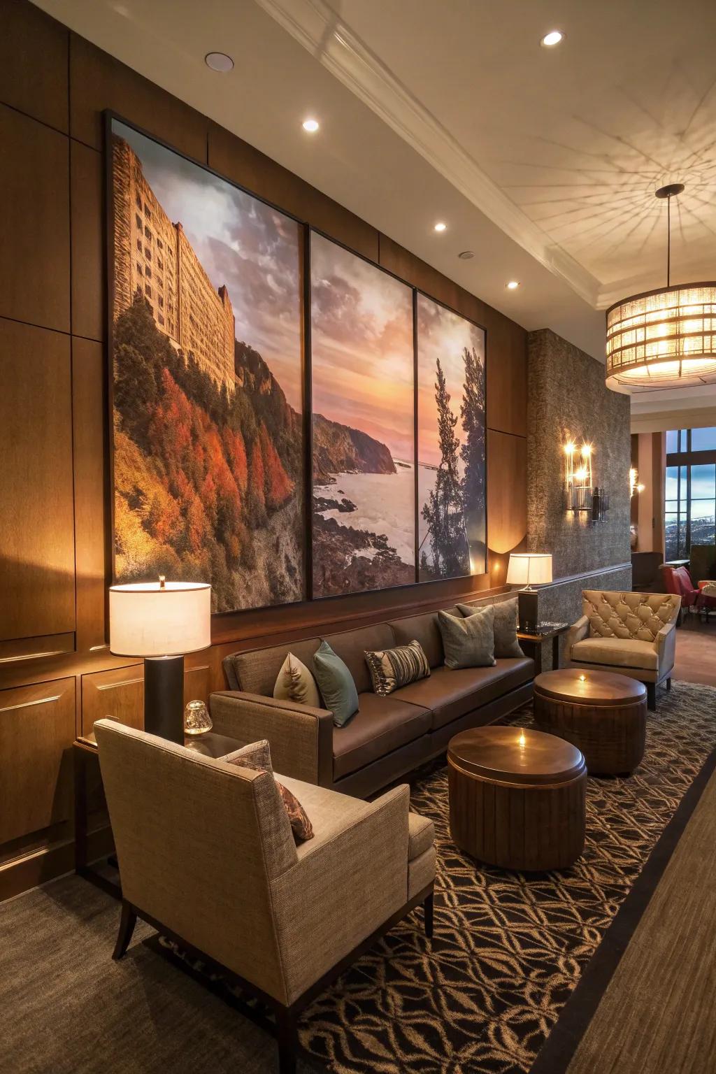 The living room is transformed into a visual masterpiece by striking wall art.