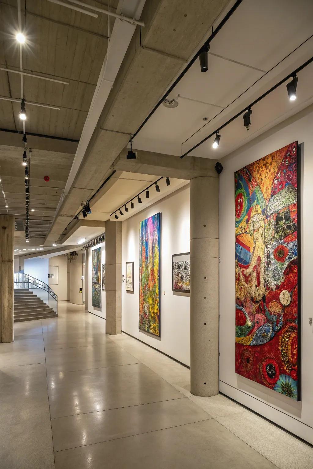 Strategic artwork draws focus away from the low ceiling.