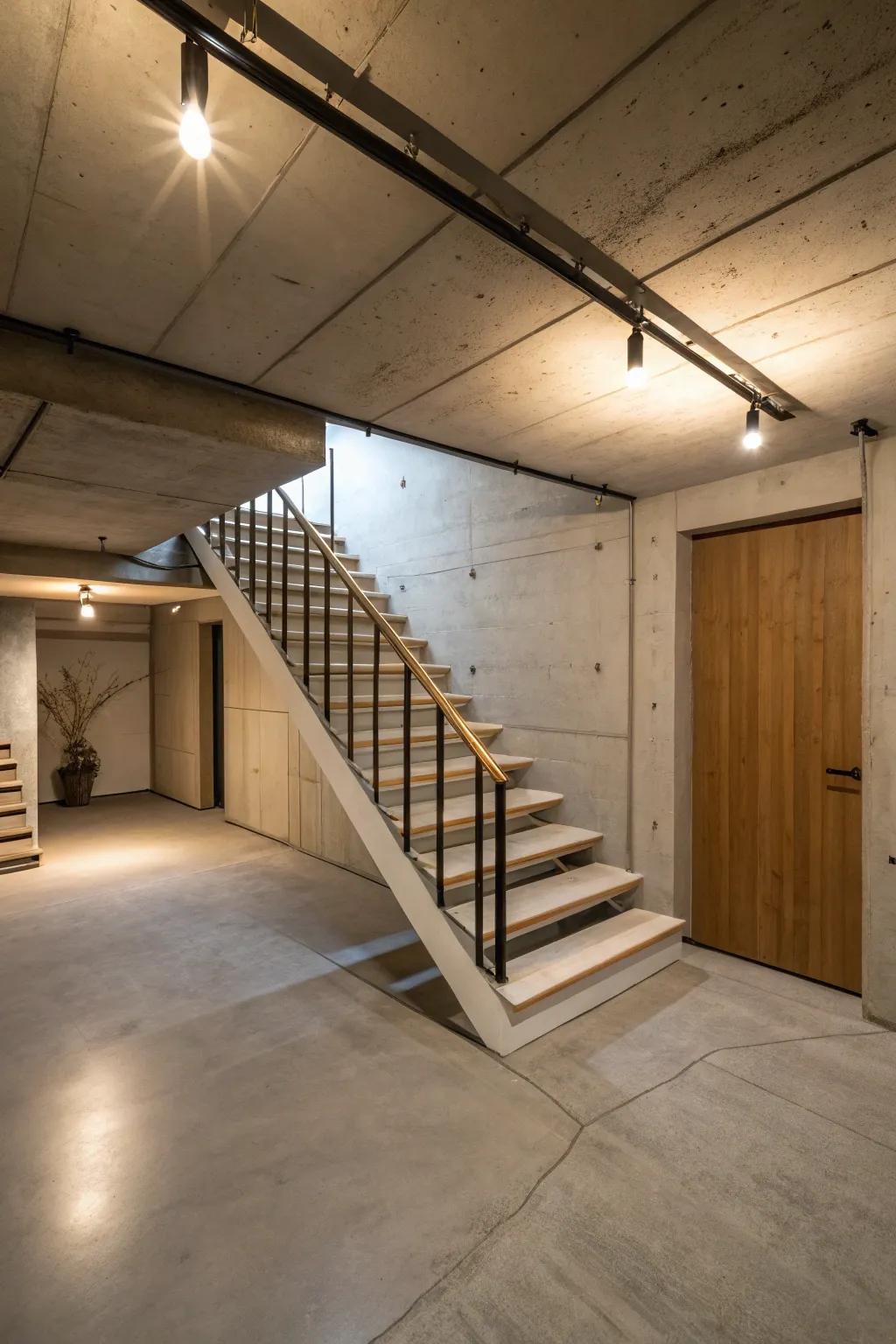 Open stairs add modernity and airiness to the basement.