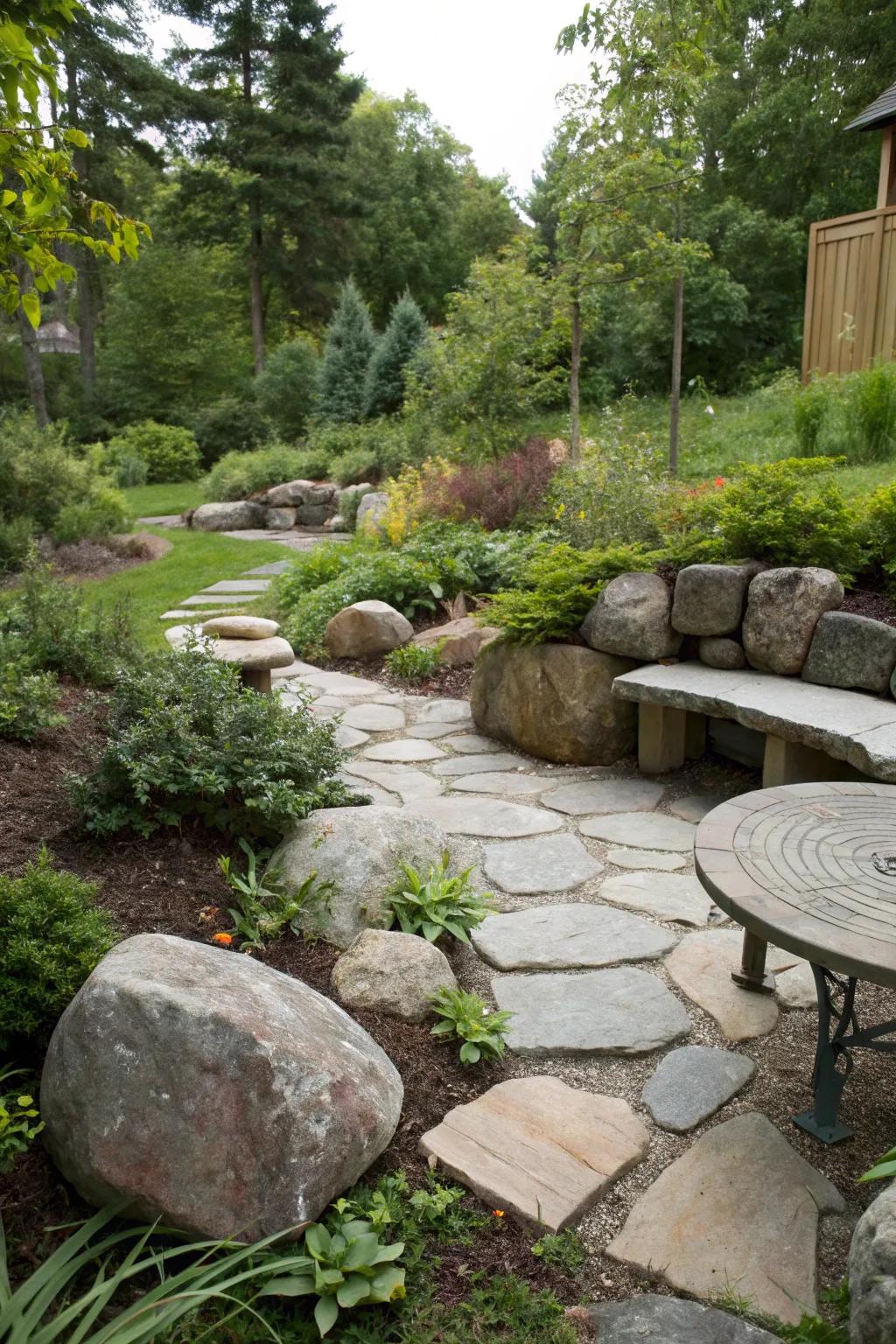 A rock seating space invites relaxation.