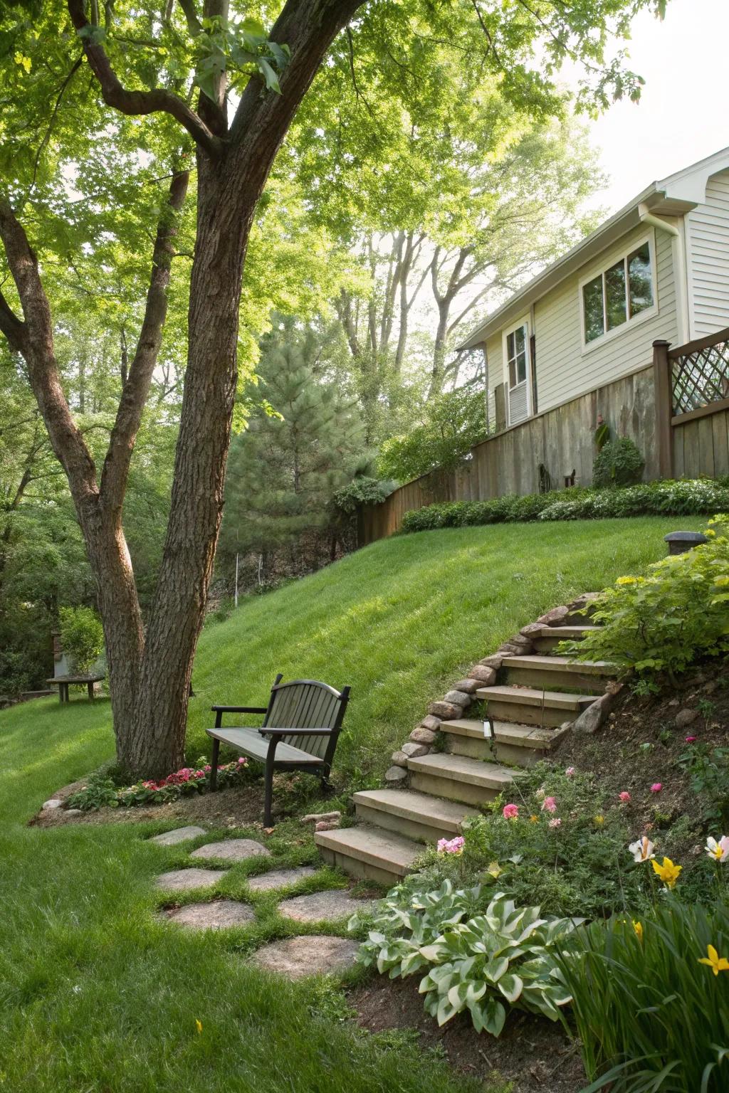 A seating area adds a personal touch to sloped front yards.