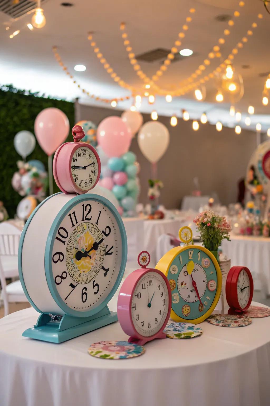Temporals utilized as playful centerpieces impart a nod to the Mad Hatter's temporal obsession.