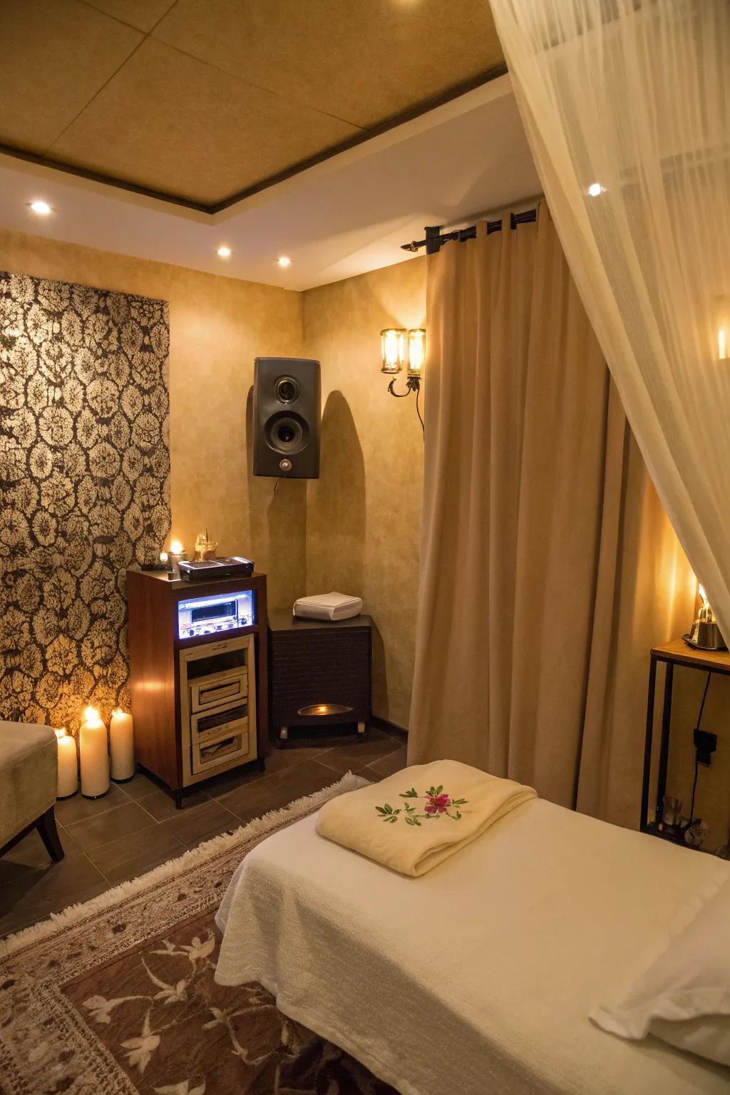 A massage room with a sound system providing soothing ambient music.