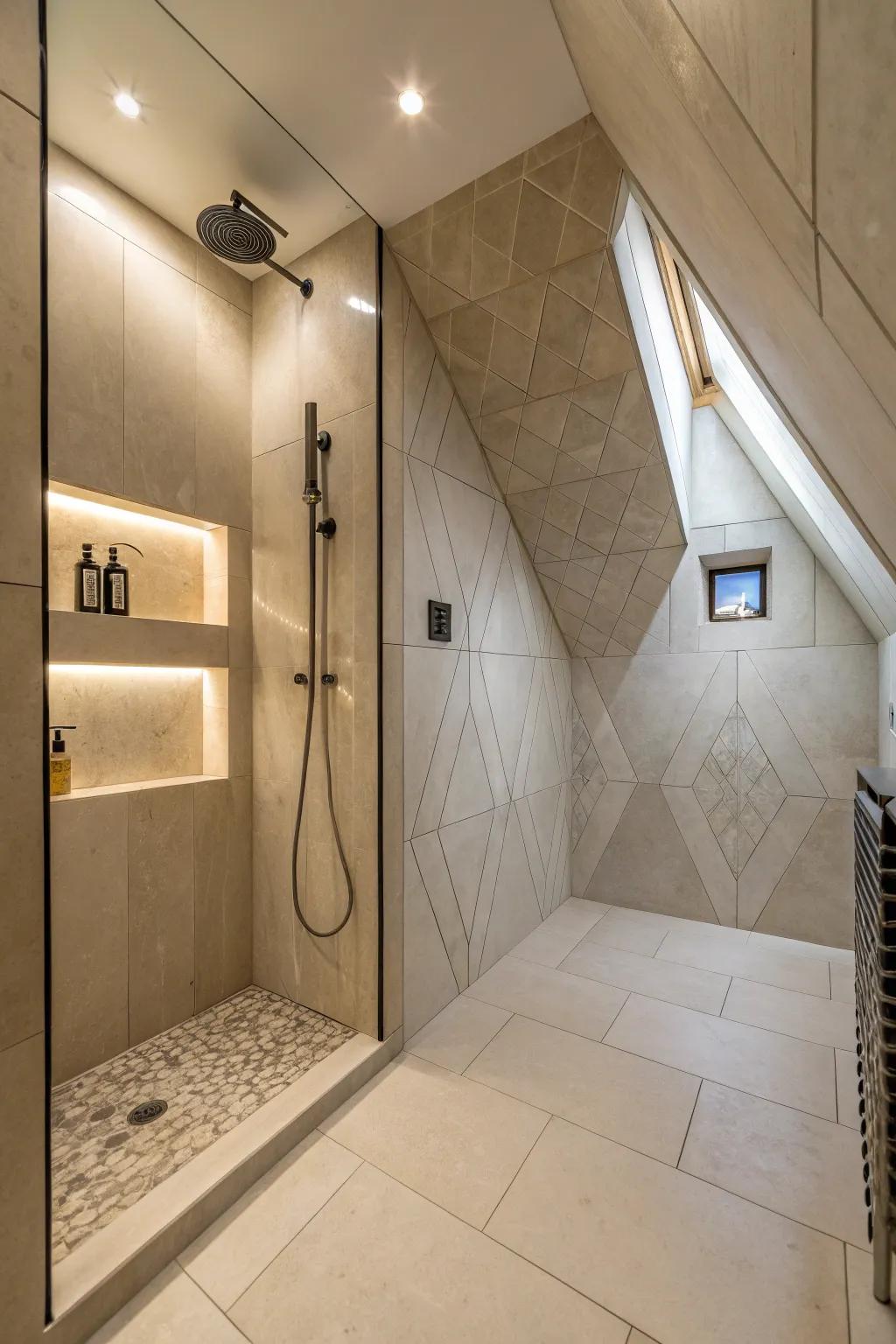 A walk-in shower making use of structural forms.