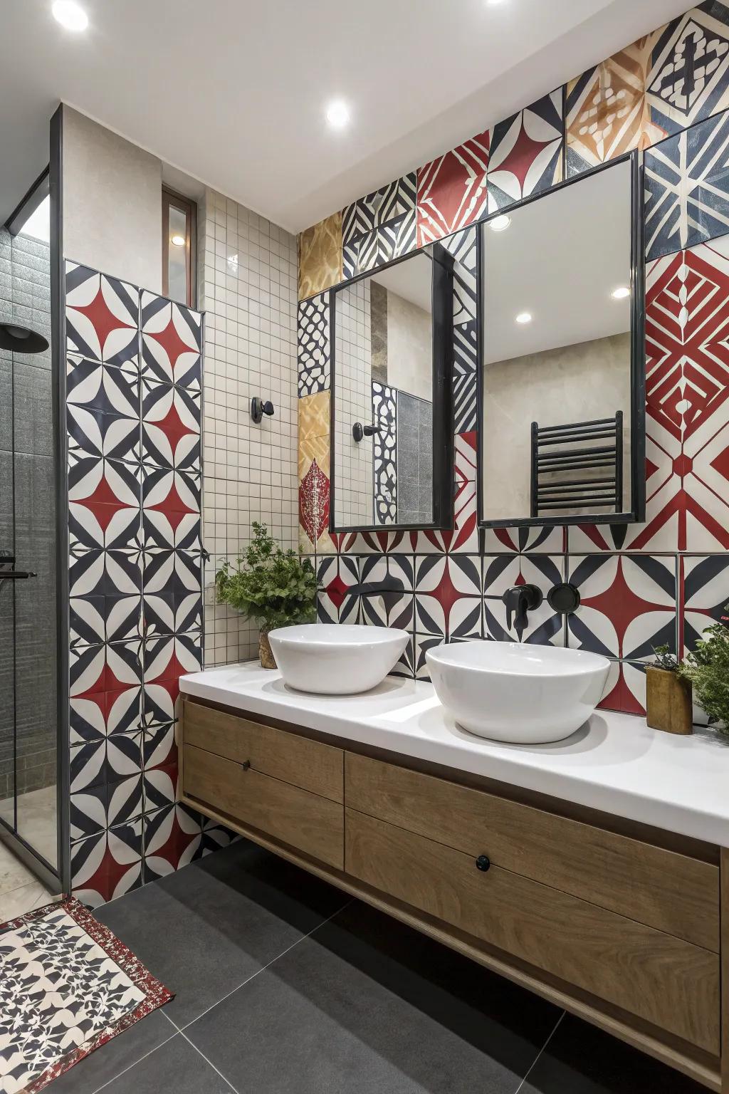 Bathroom with strong patterned cladding introducing dramatic flair.