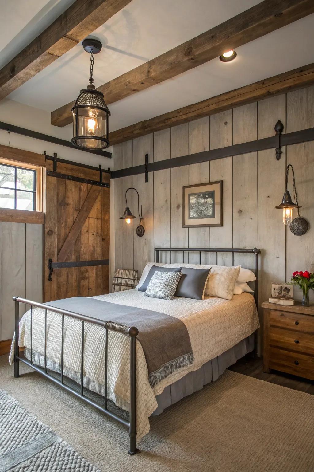 Modern twist achieved by incorporating industrial accents within a farmhouse bedroom