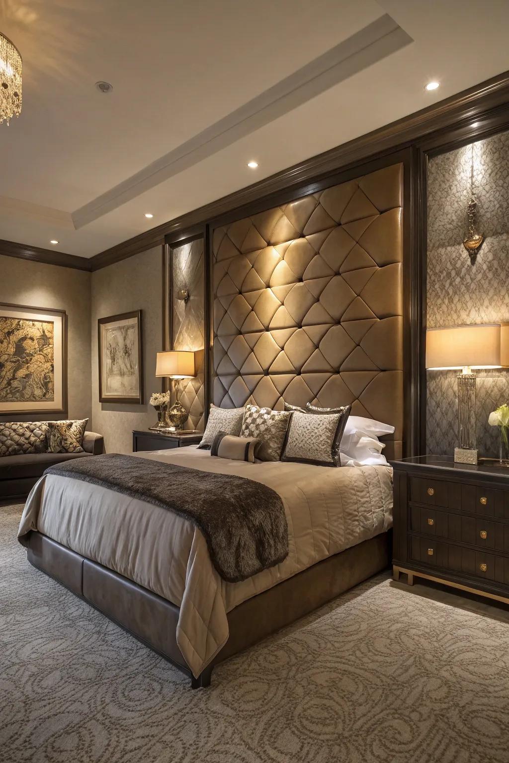 Leather headboard walls offer a touch of luxurious class.