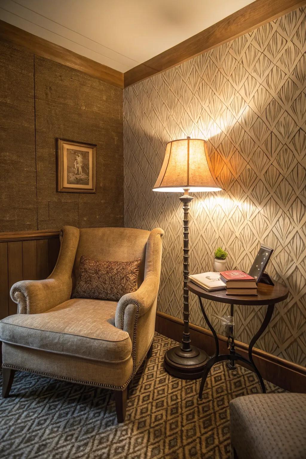 Textured wall covering enhances the warmth of a cozy reading nook.