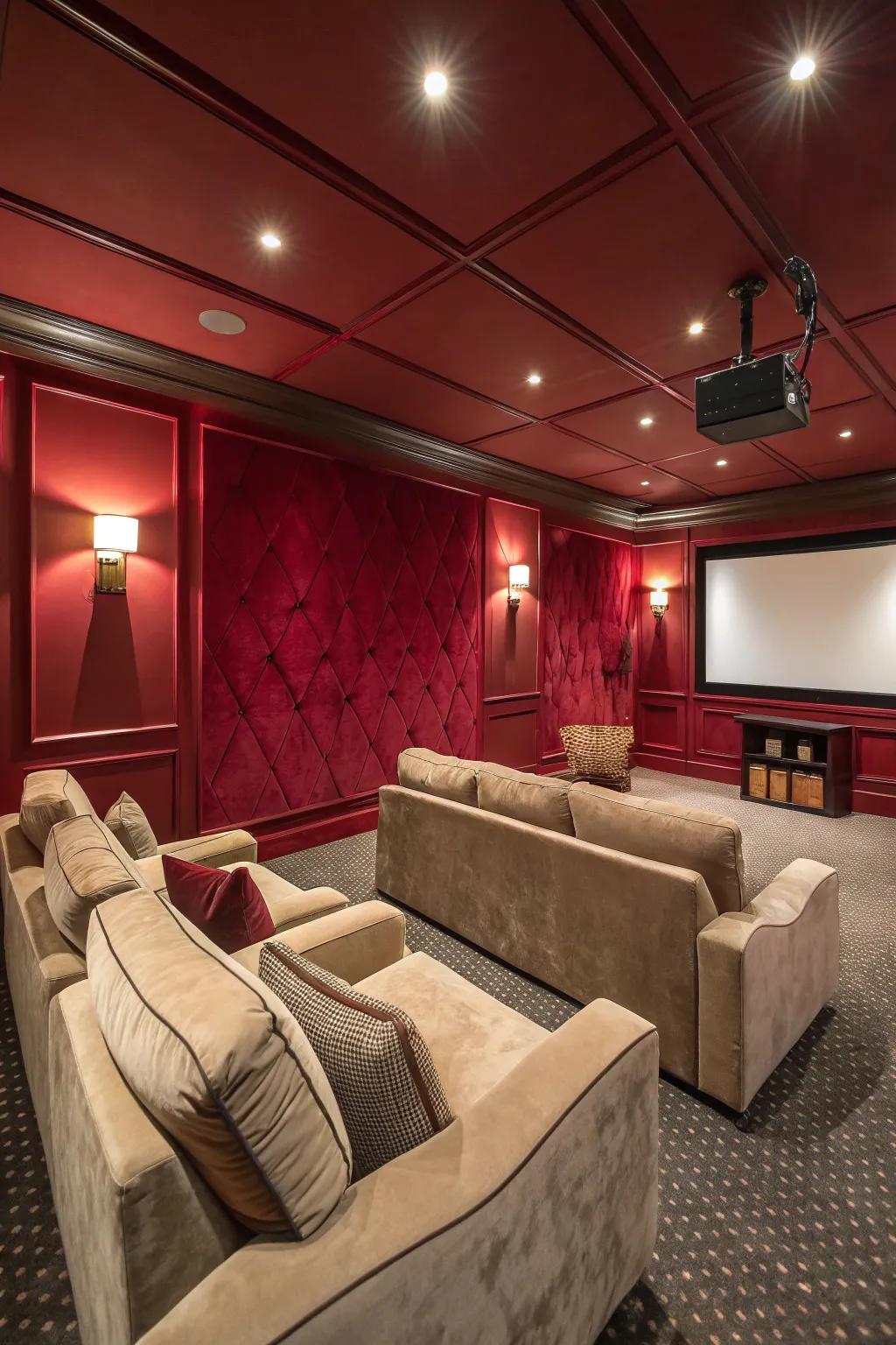 A theatrical media room featuring deep red walls, resembling classic theater elegance.