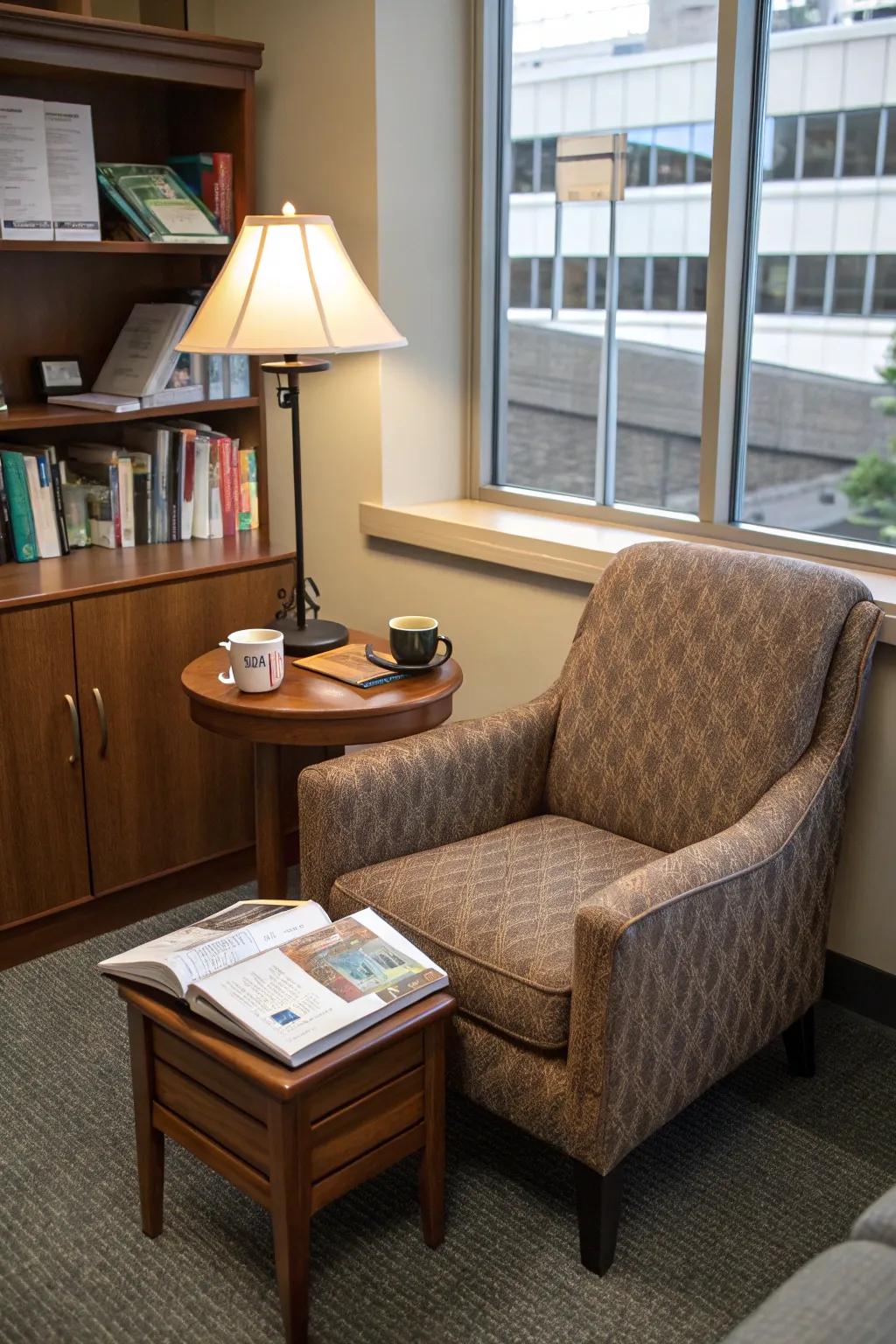 A reading nook provides a relaxing retreat within your office.