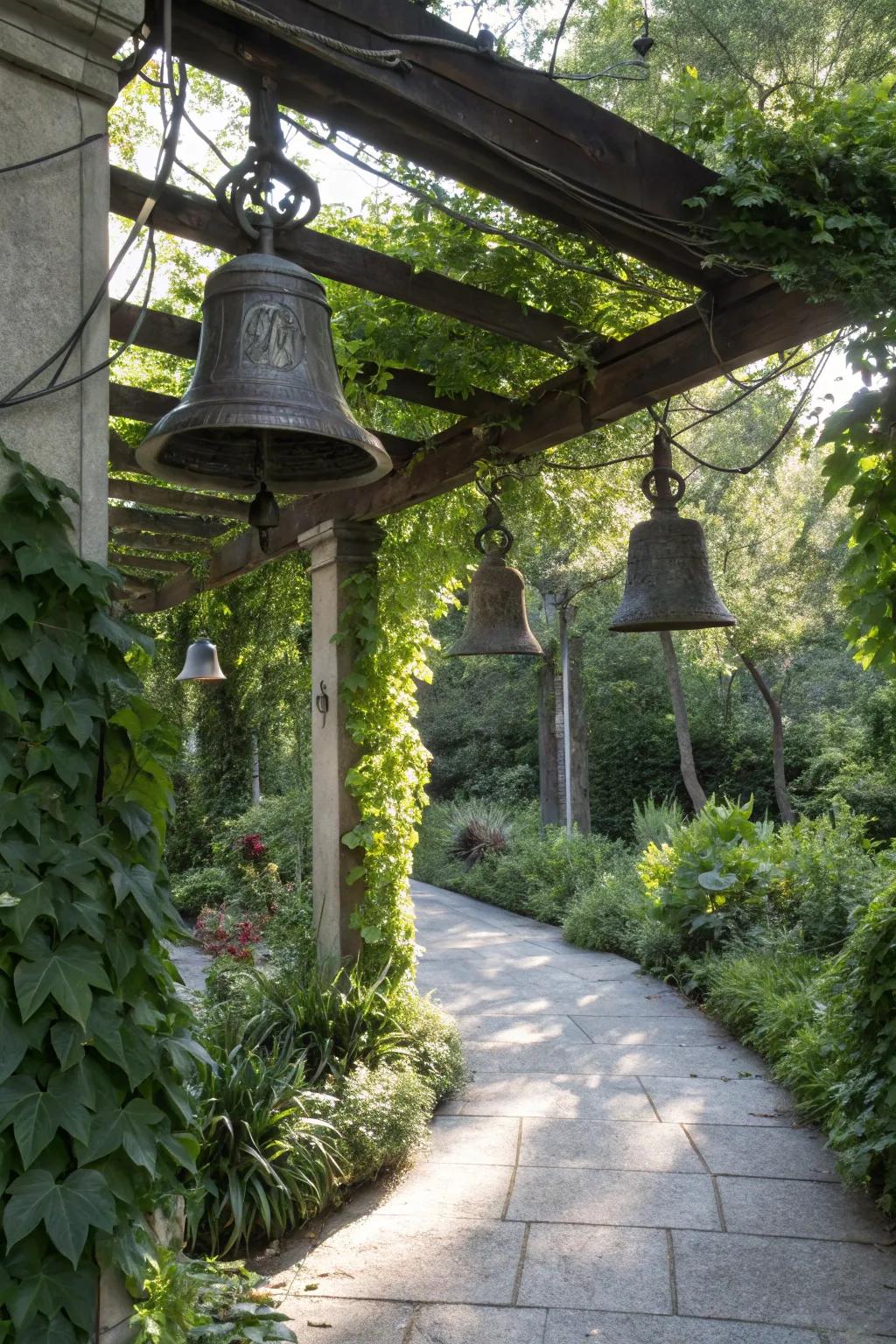 Garden bells add a calming auditory element.