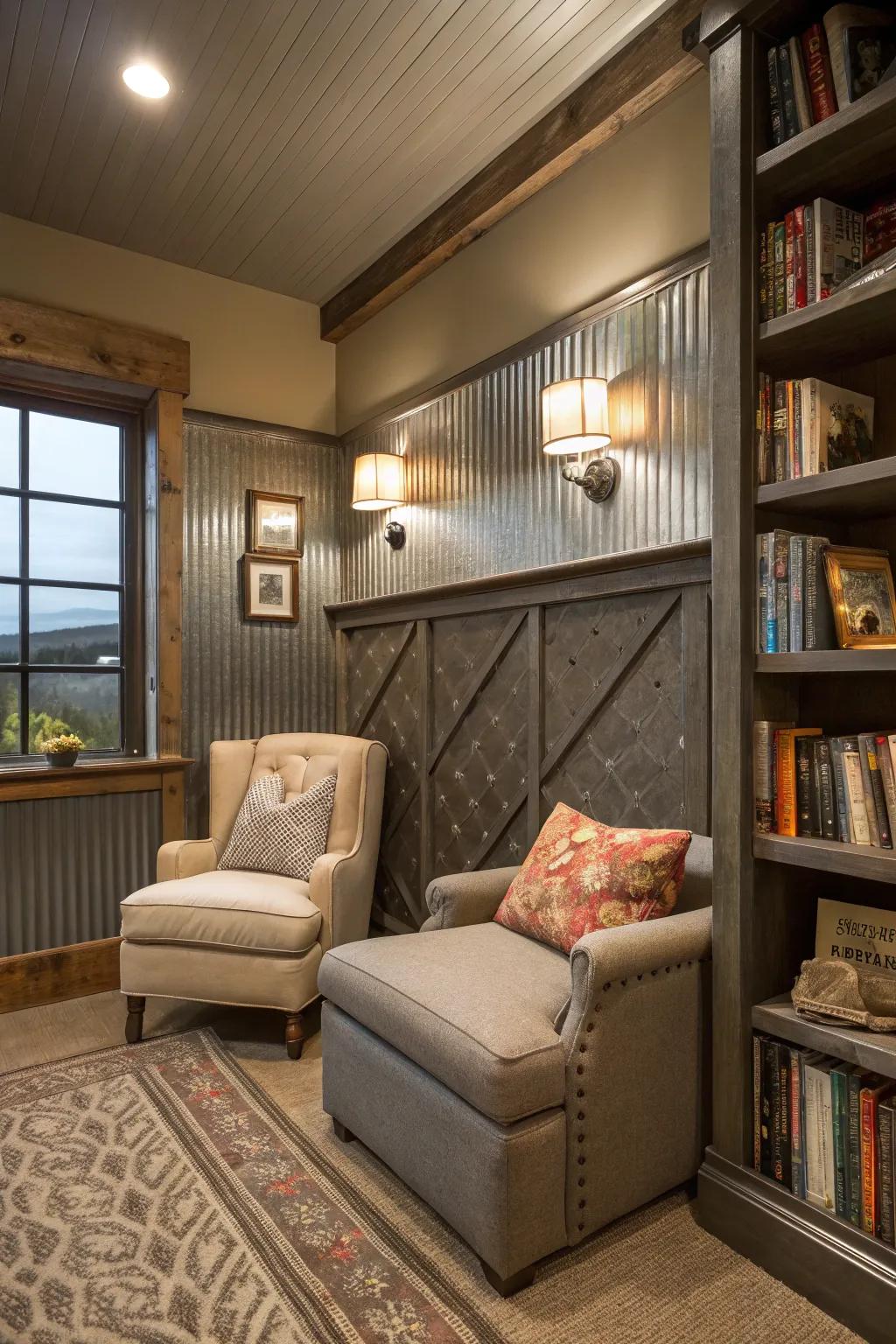 Metallic paneling establishes the groundwork for a snug reading retreat.