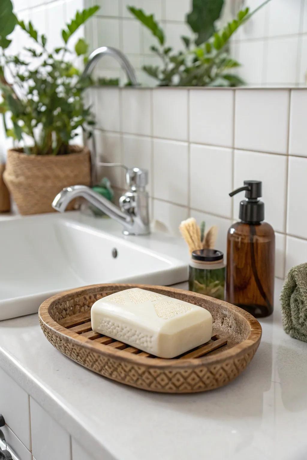 A handcrafted soap dish adds an artisan touch.