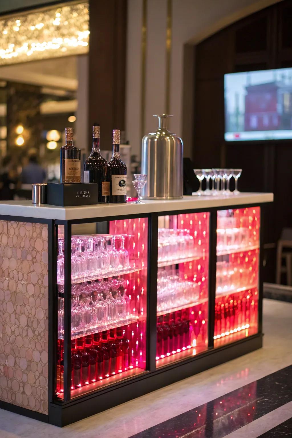 Backlit backsplash introduces a glamorous aspect to the home bar.