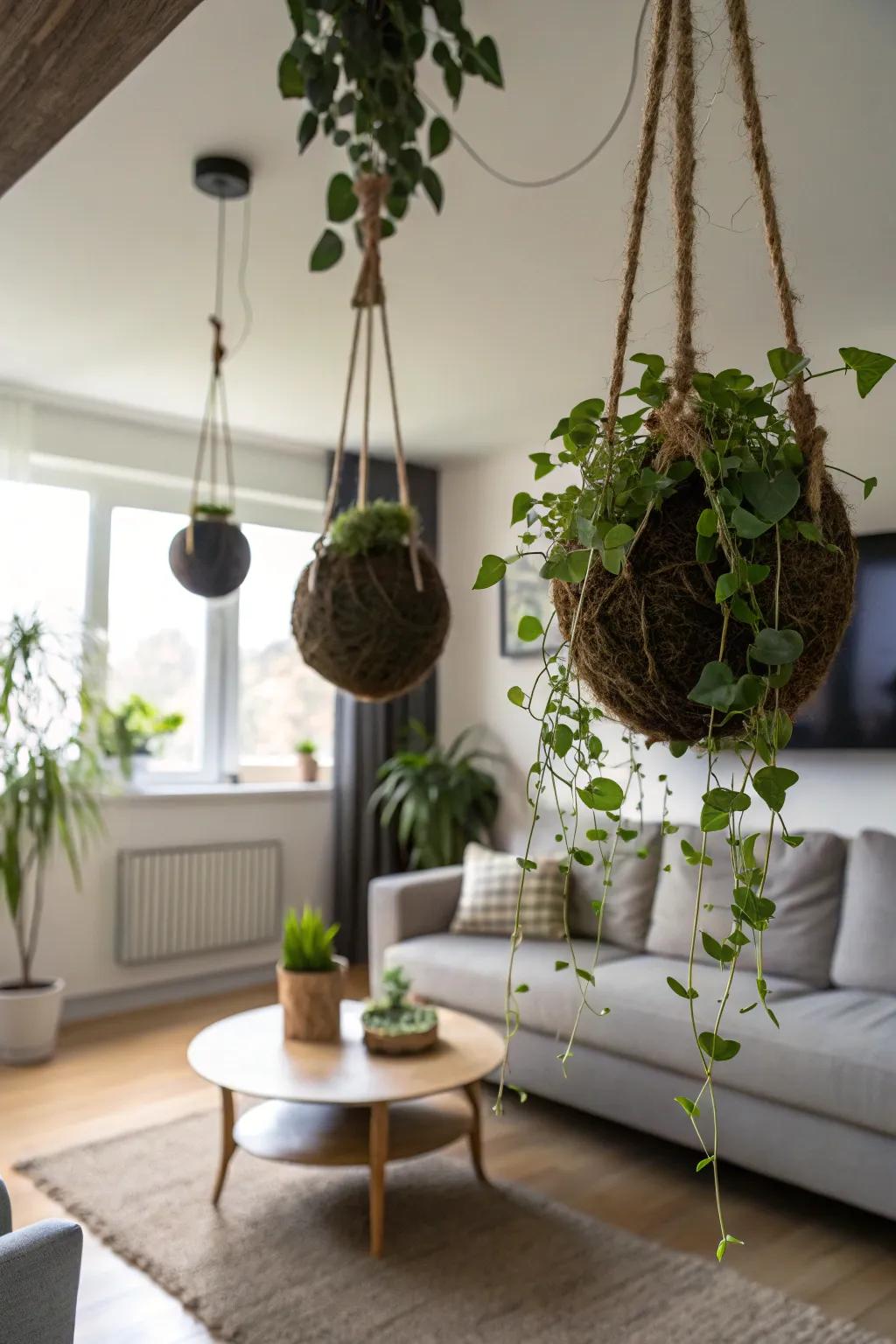 A striking display of moss ball plants suspended in a family room.