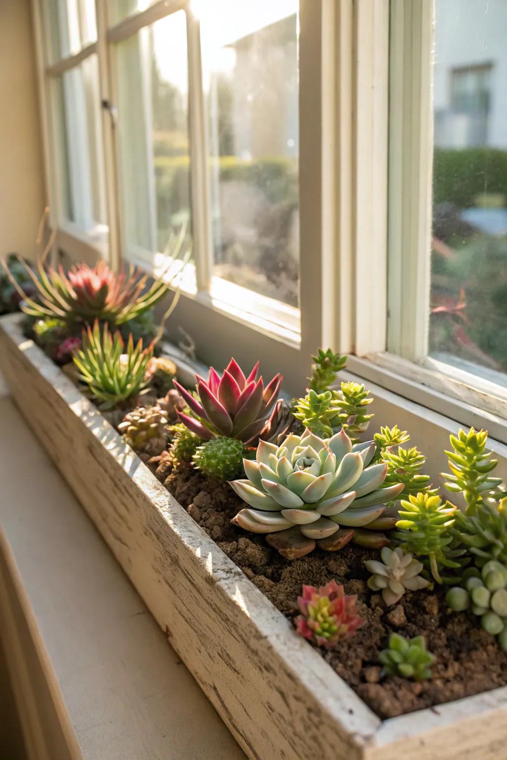 A window box brimming with succulents brings nature indoors.