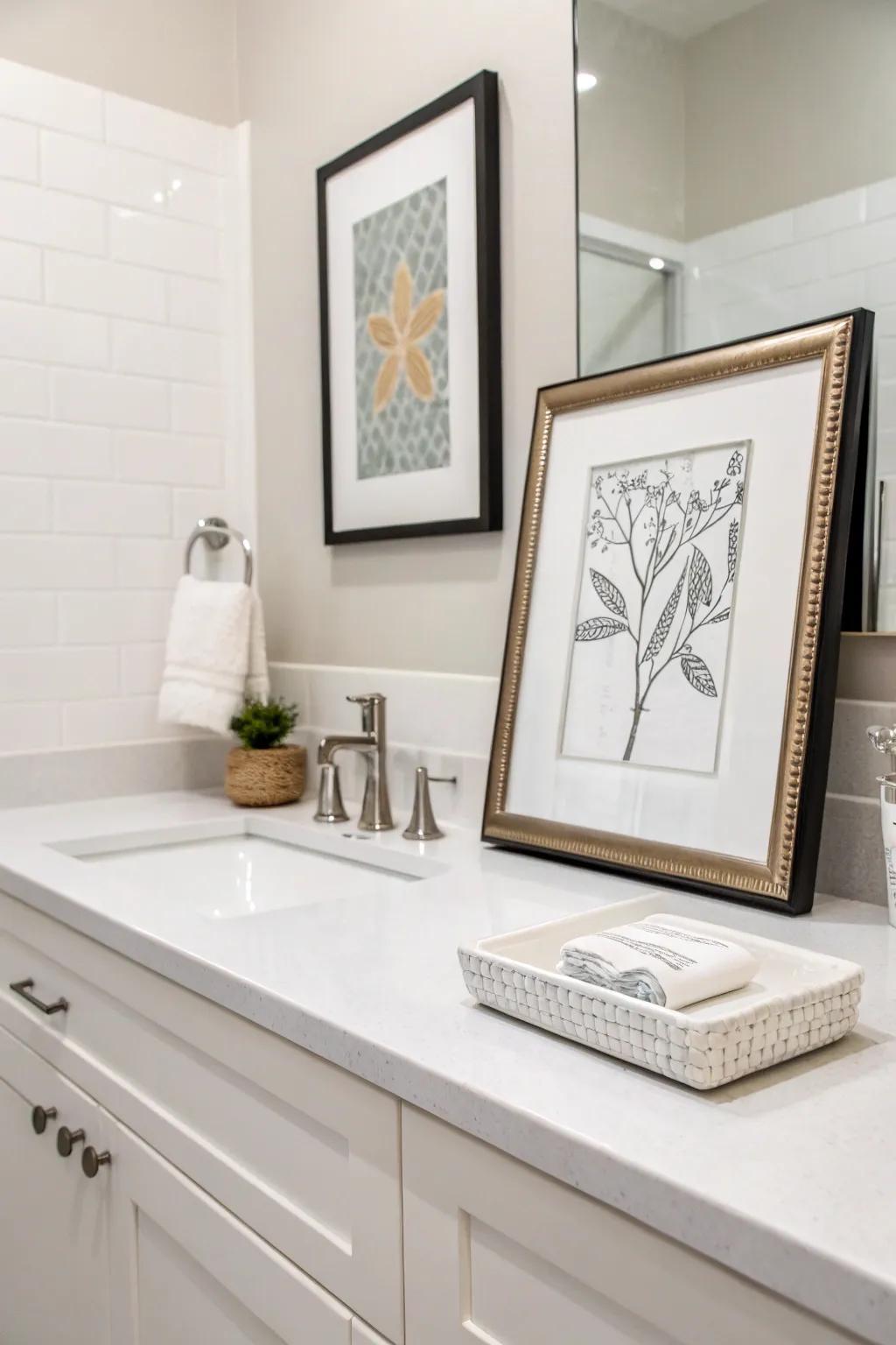 Minimal art adds a personal touch to the bathroom decor.