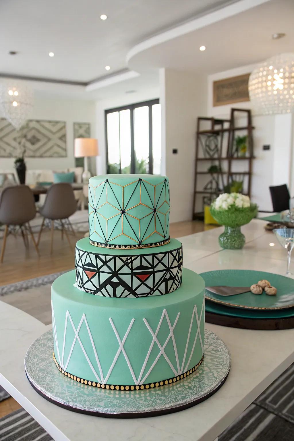 A chartreuse cake featuring modern geometric patterns.