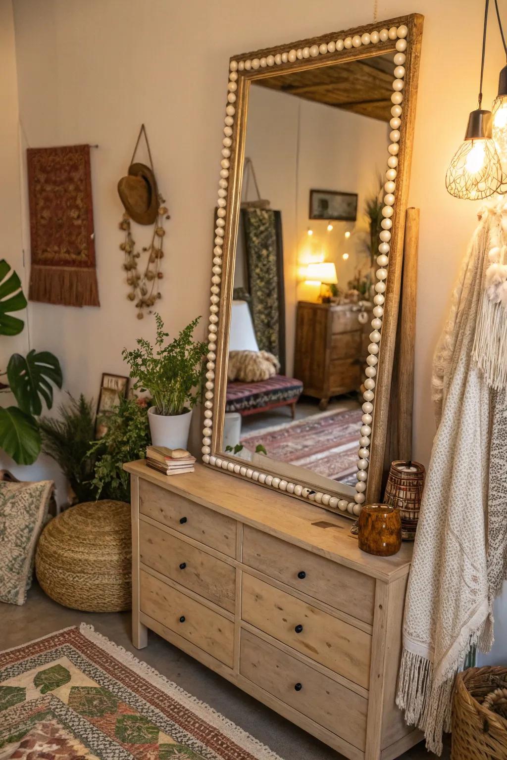 A beaded frame mirror adds a bohemian flair to a bedroom.
