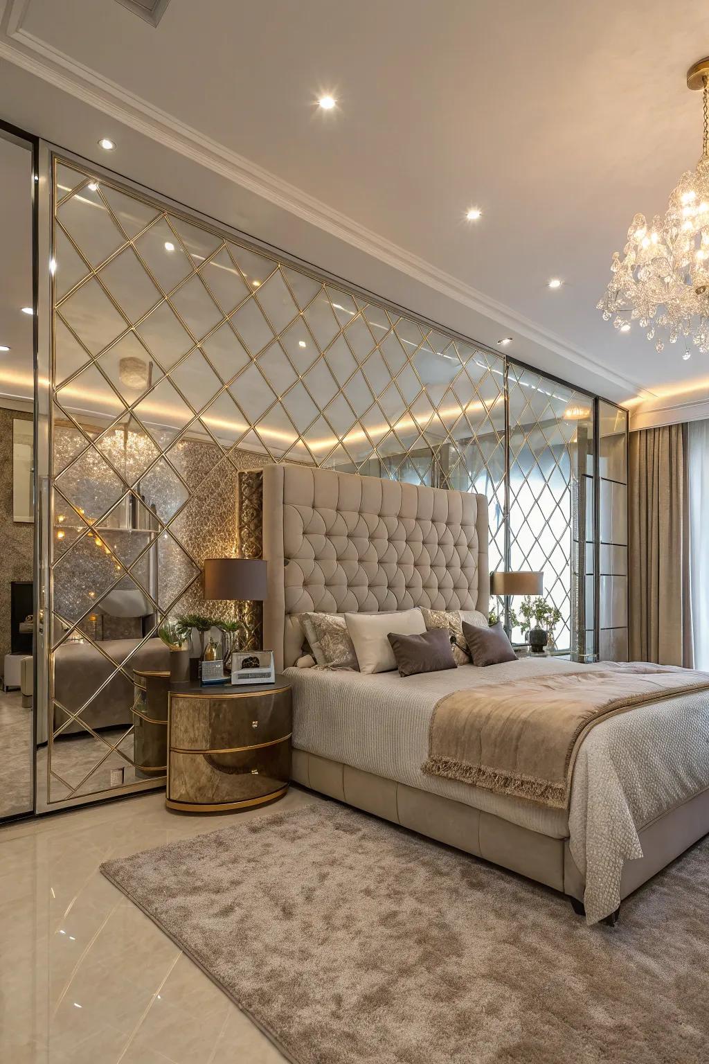 Mirrored paneling on a feature wall adds luxury and reflects light beautifully.