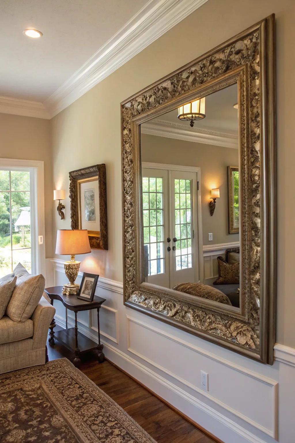 Mirrors with artistic frames can act as central features in any room.