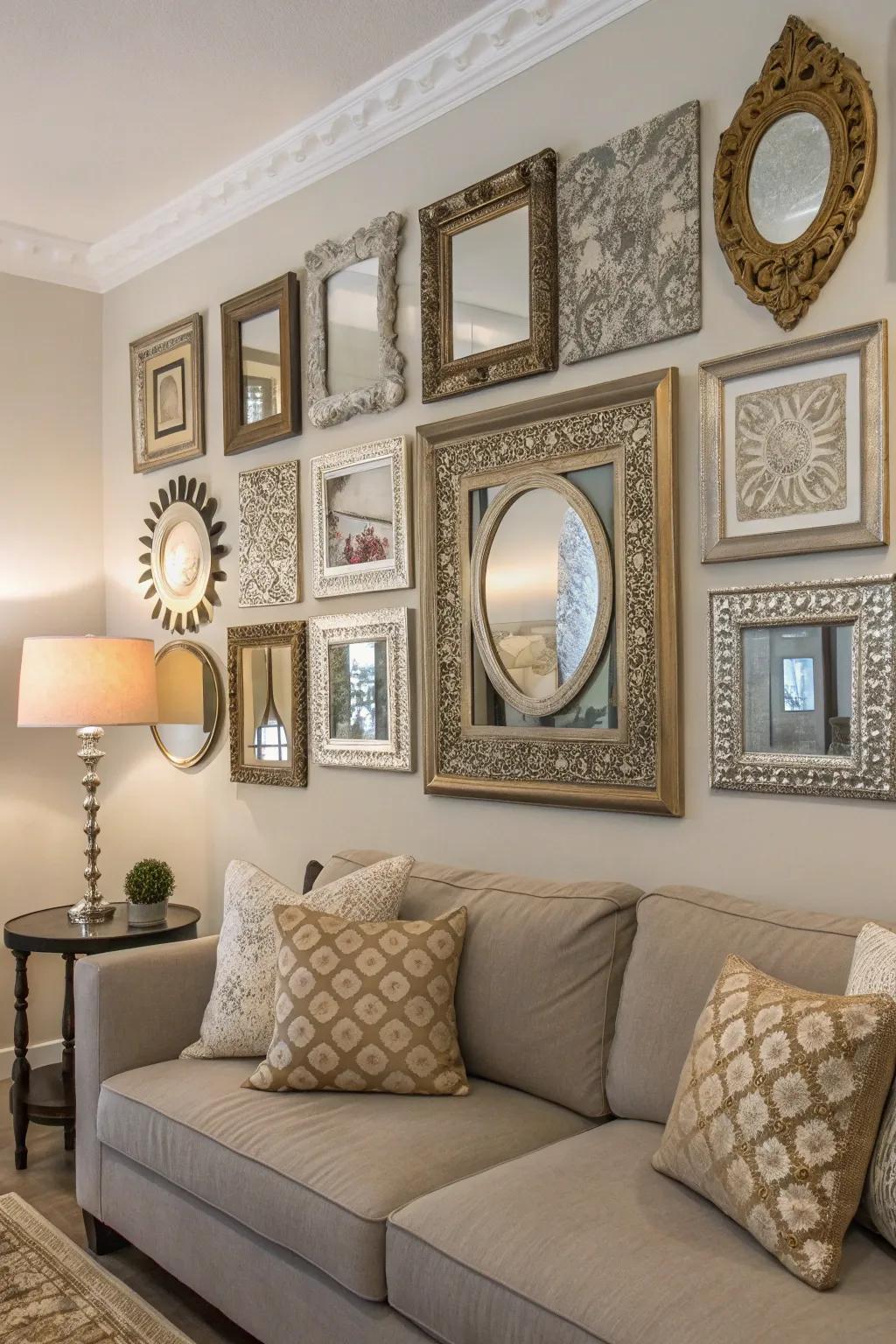 Mirrors with distinctive frames act as standalone art pieces.