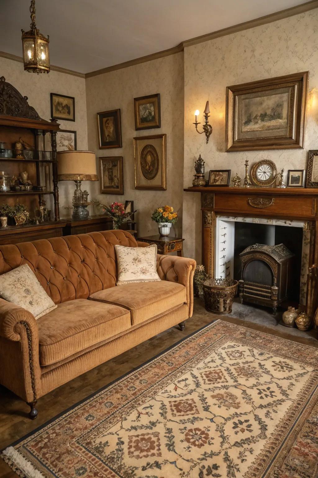 Classic features lend charm and nostalgia to the chocolate-brown sofa area.