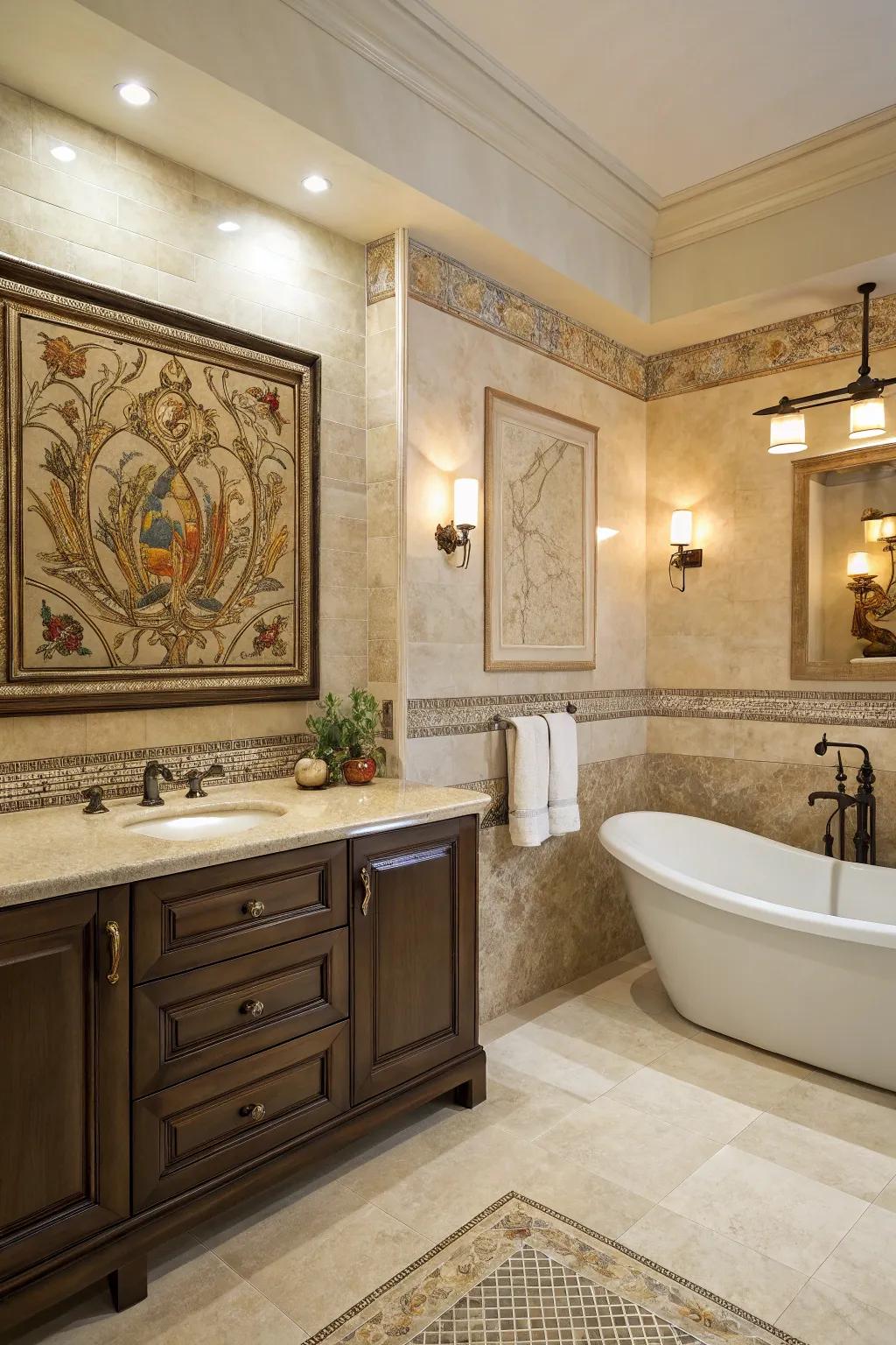 Decorative tile panels add artistic flair to your bathroom.