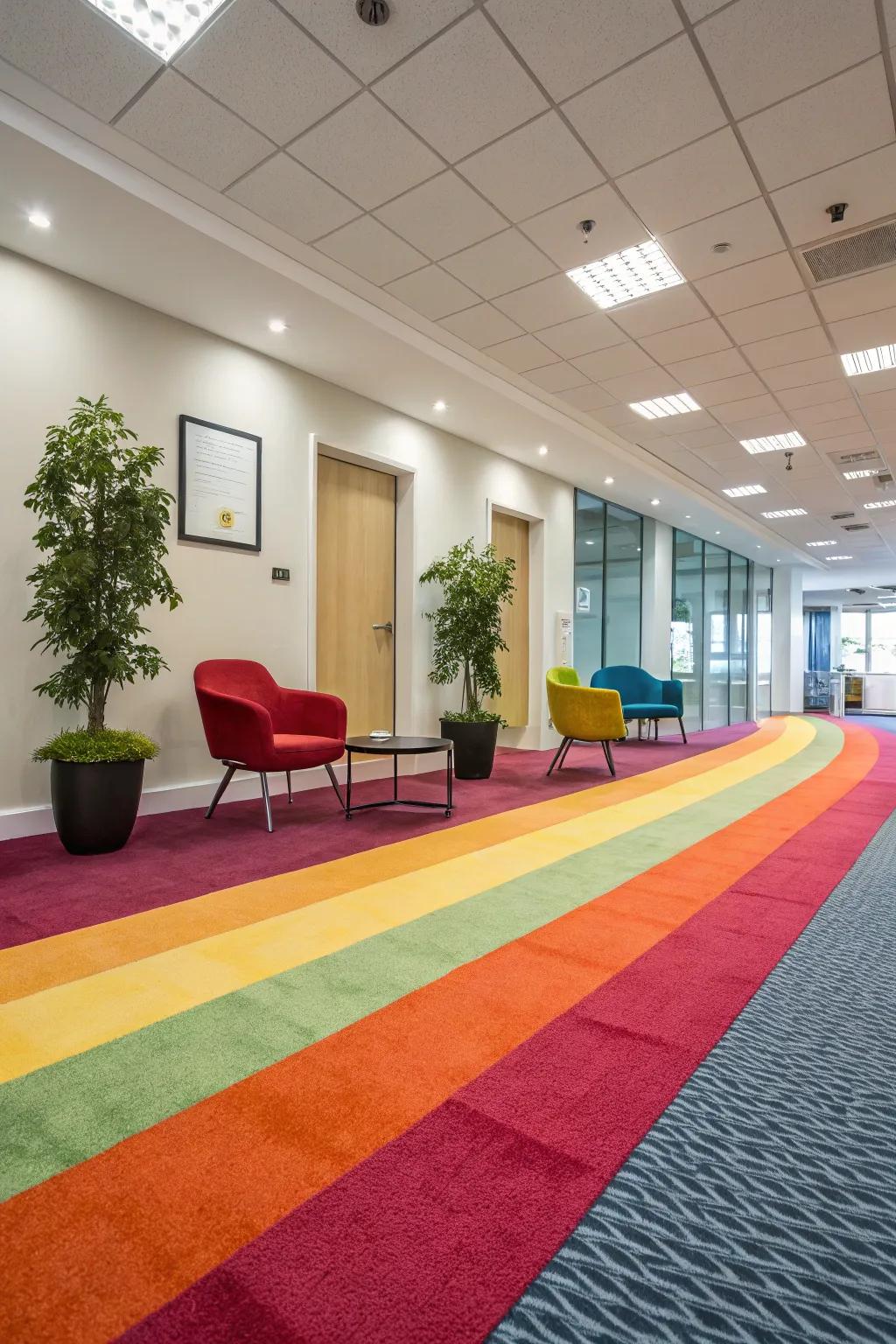 Modern room showcasing a vibrant colored carpet, bringing energy to the space.