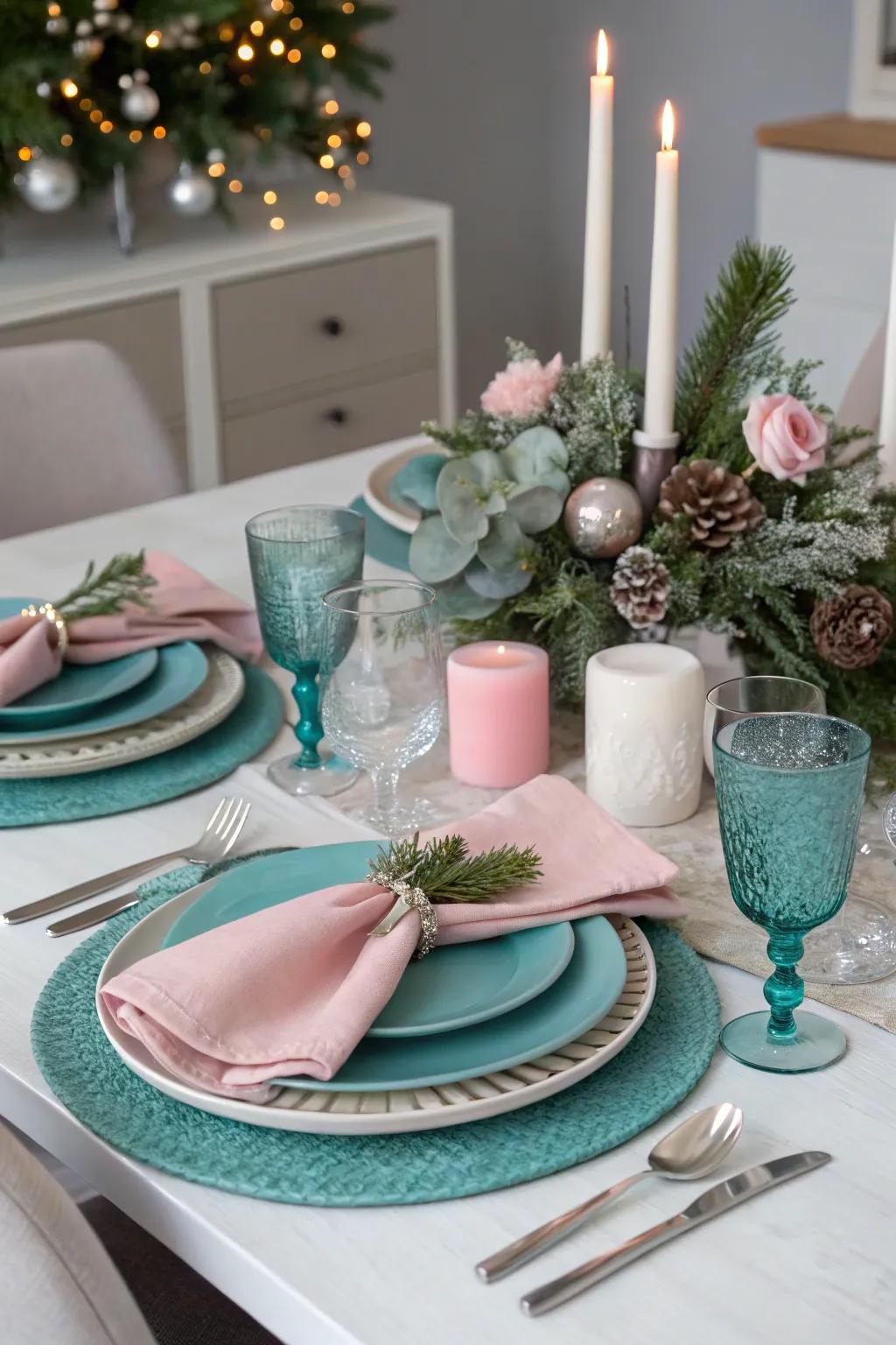 A unique table setting employing unforeseen hues such as blue-green and rose.