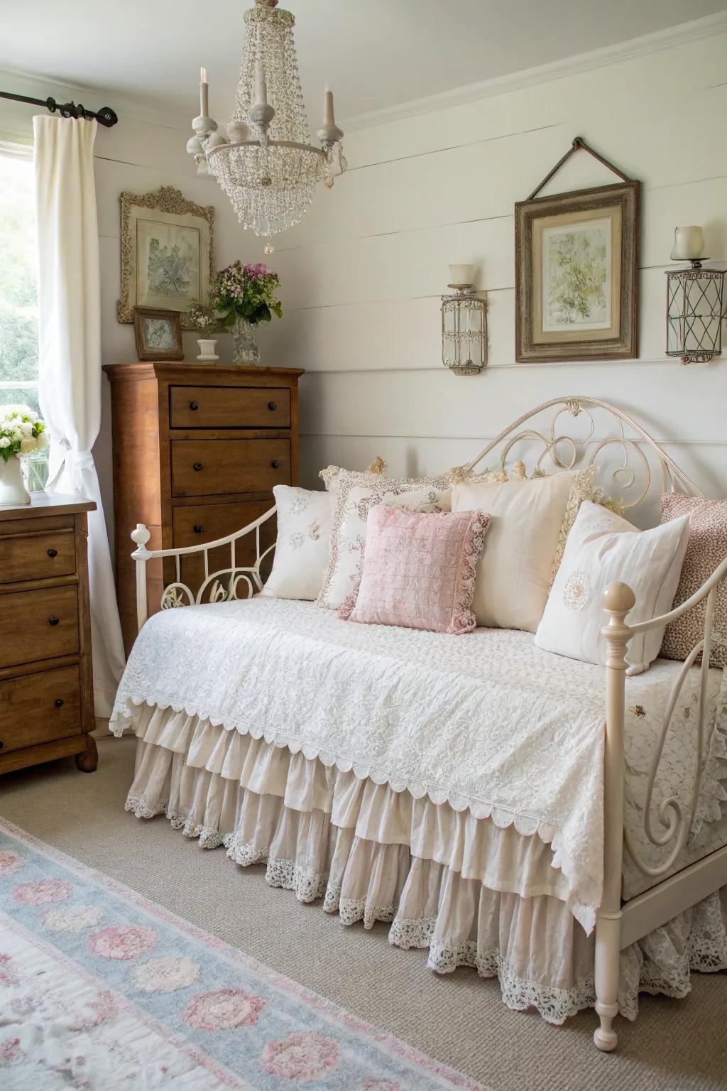Frilled bedding infuses a daybed with vintage allure and elegance.