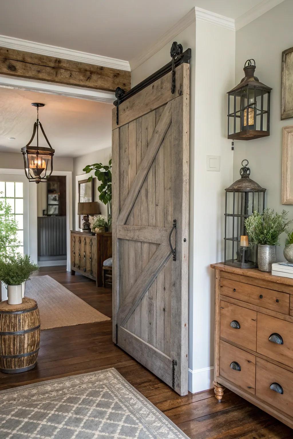 A sliding barnyard gate adds a country touch and visual interest.
