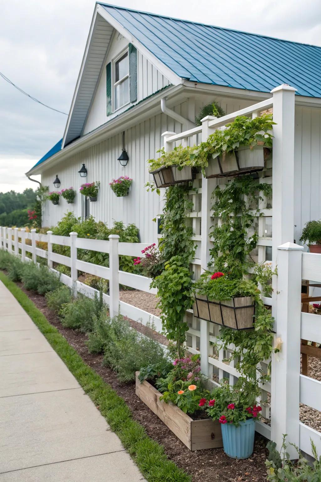 A vertical garden fence maximizes space and adds vibrant greenery to a modern farmhouse.