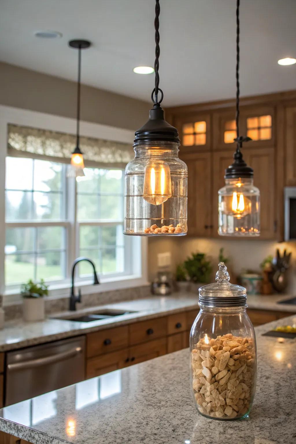 Glass container pendants enhance kitchens with a nostalgic feel.