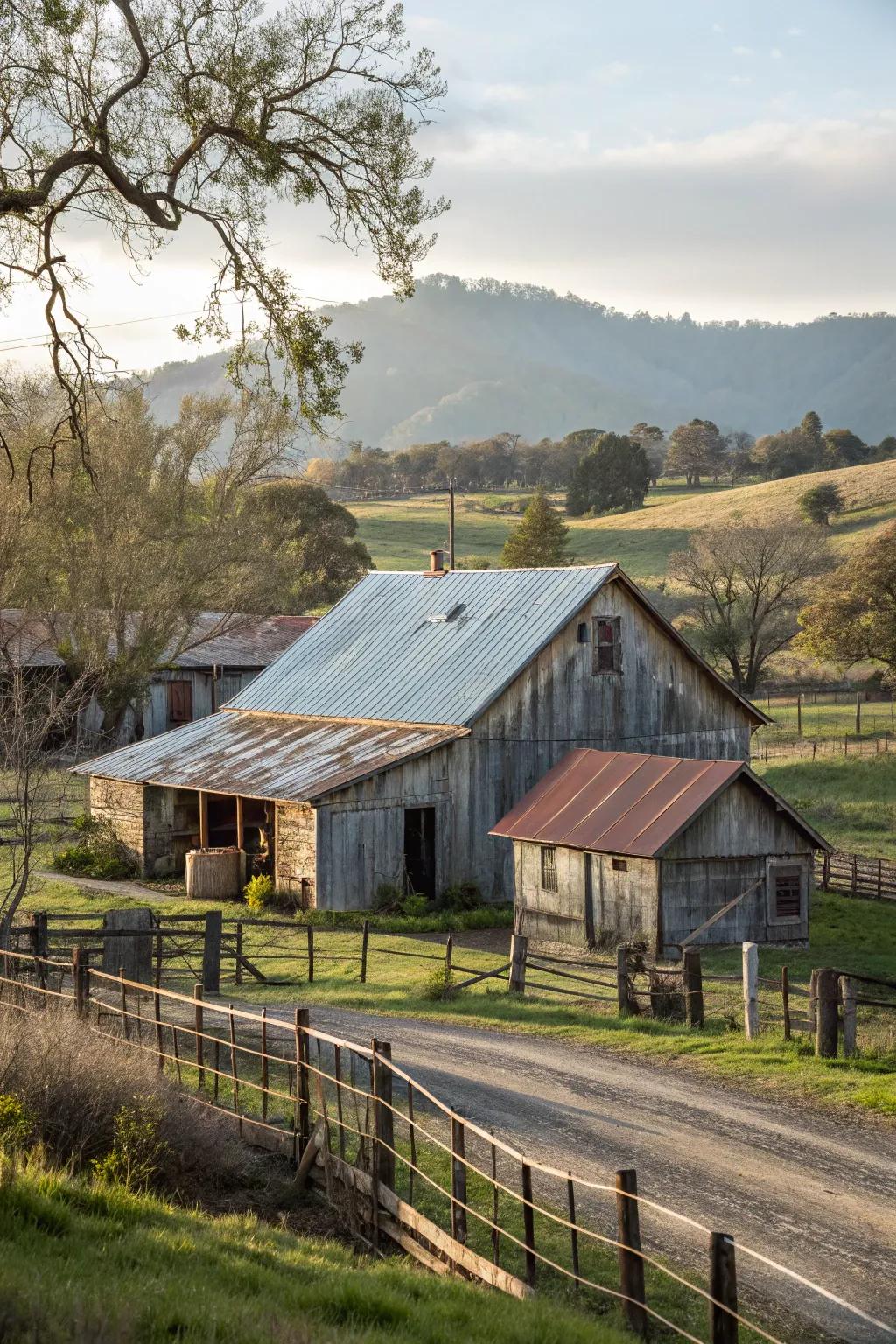 Vintage charm: A farmhouse showcasing an aged metal roof.