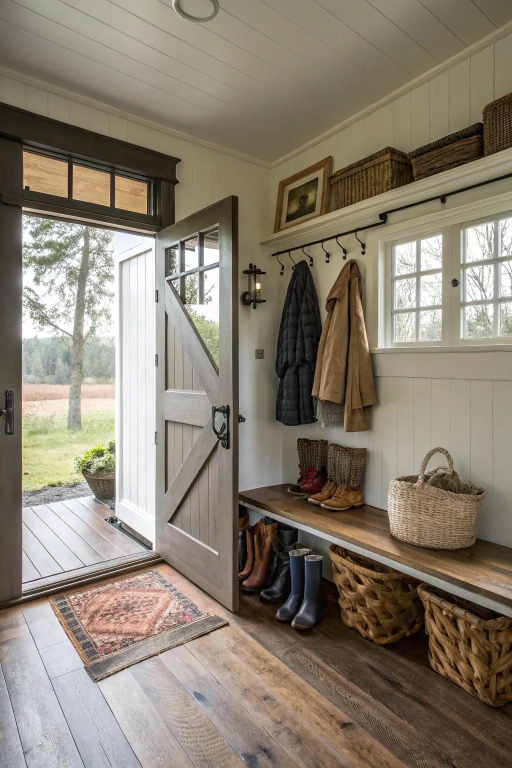 Charming mudroom featuring a classic Dutch door.