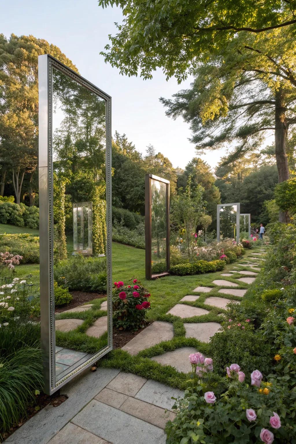 Reflective surfaces broaden the visual area in a modern garden.