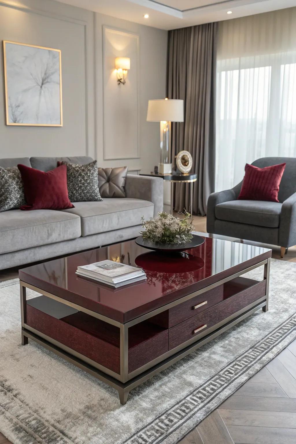 Living room with a modern coffee table featuring burgundy accents and grey decor.